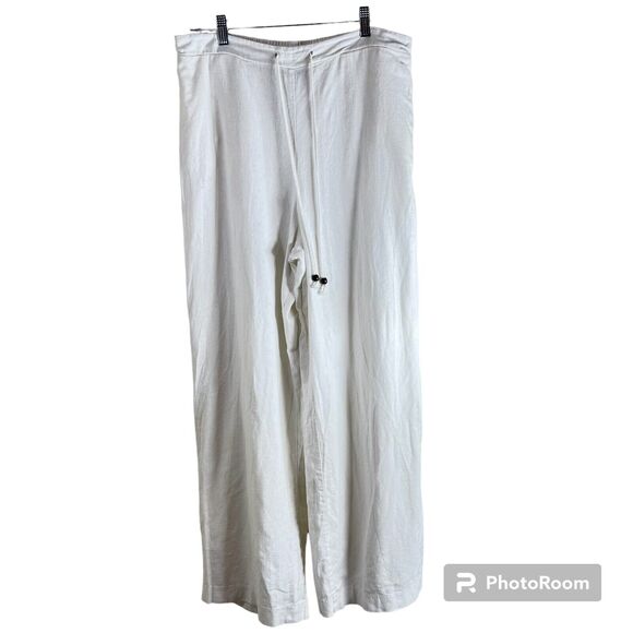 VERSONA Linen Blend Sz Large Wide Leg Pants Elastic Waist Drawstring Pockets - Picture 1 of 10